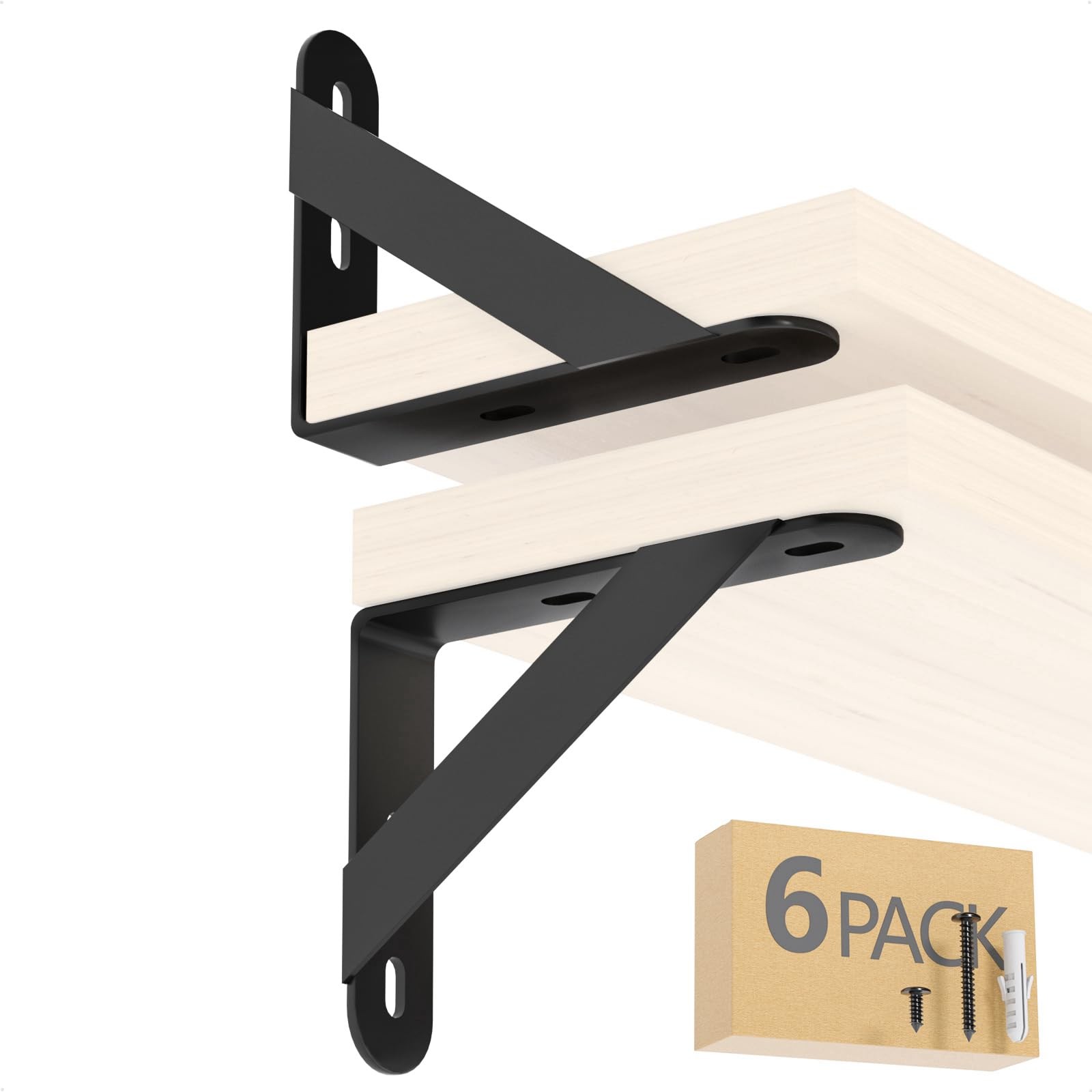 4x3 Shelf Brackets 6 Pack Wall Mount Includes Screws Anchors (Black)