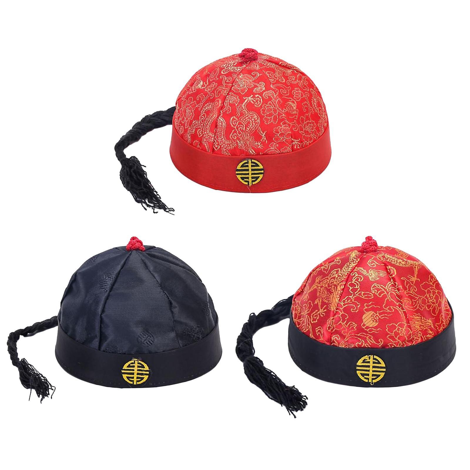Chinese Oriental Hat Headwear Mandarin Asian Hat Funny Role Play with Ponytail