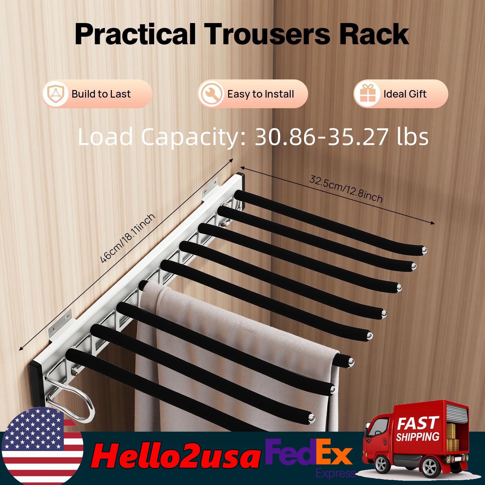Heavy Duty Wardrobe Pull-out Trouser Rack w/Silent Rail Left Mounting Steel Rack