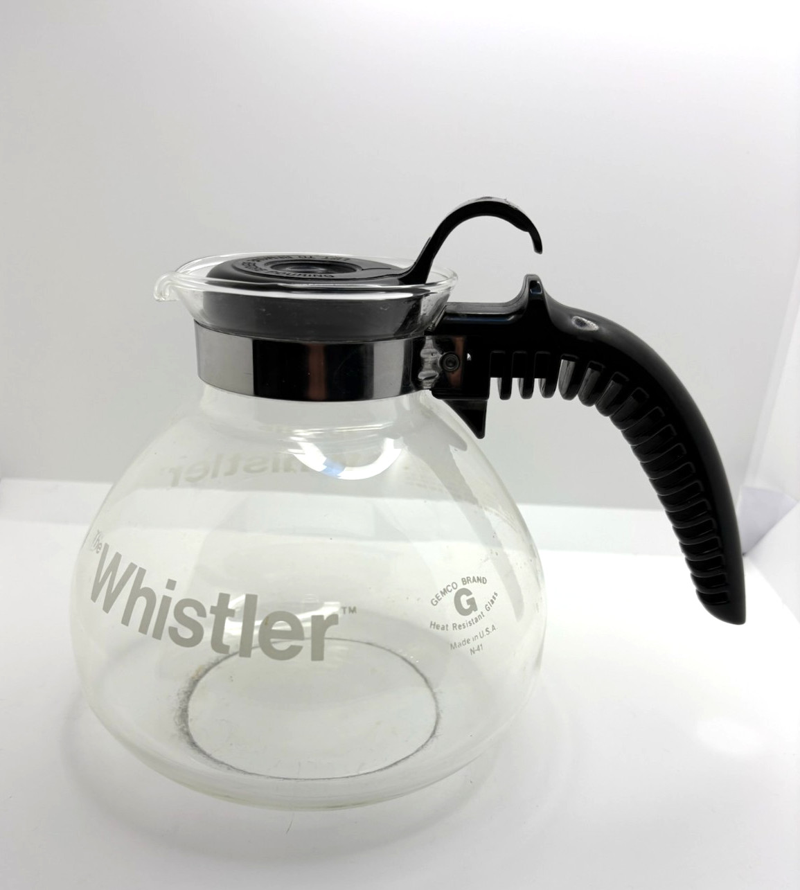 Vtg Gemco The Whistler 8 Cup Whistling Glass Tea Kettle Coffee Pot VGC