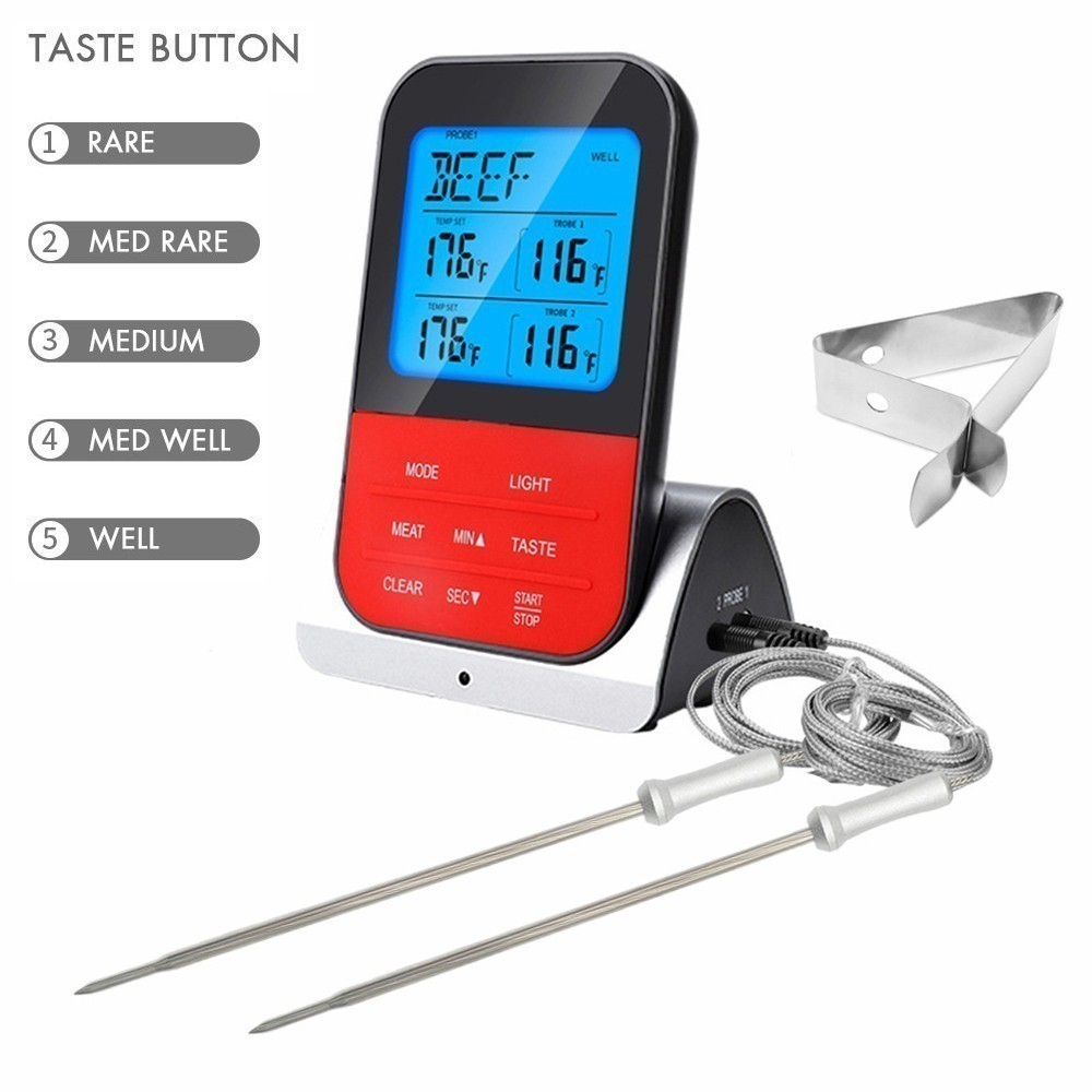 Wireless Meat Thermometer w/Timer Alarm,2 Probe for BBQ Grilling Baking Barbecue