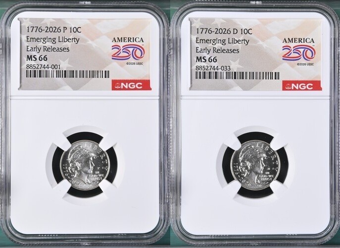 1776 2026 P D EMERGING LIBERTY DIME 10C NGC MS66 250th Ann. Early Release