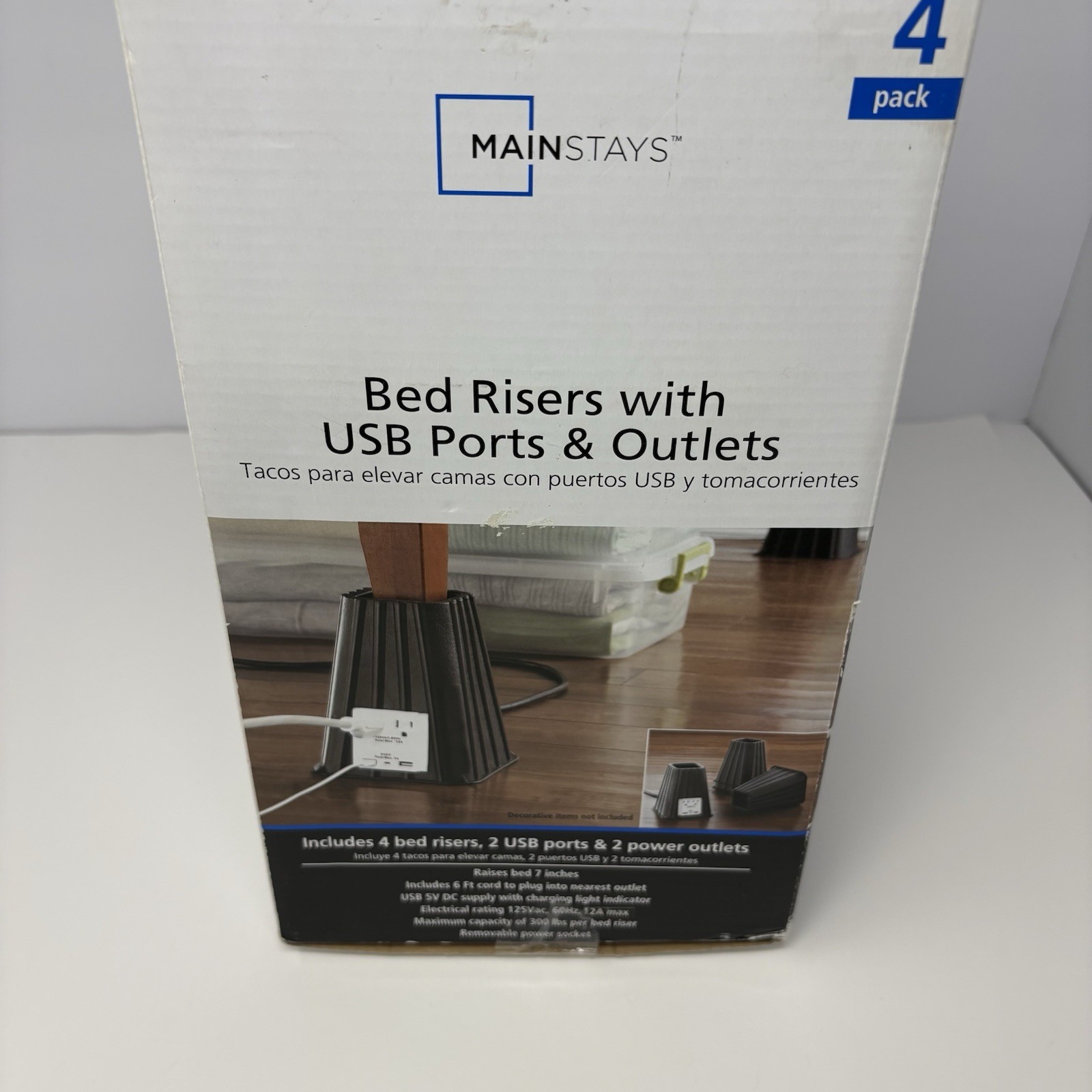 Mainstays 4 Pack 7” Bed Risers w USB Ports & Power Outlets Black