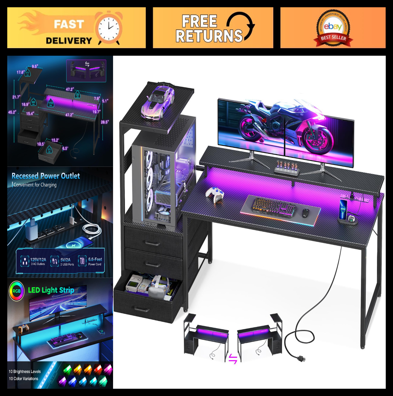 63" Gaming Desk with PC Stand, Reversible Steel & Wood, Tiered Design for Setup