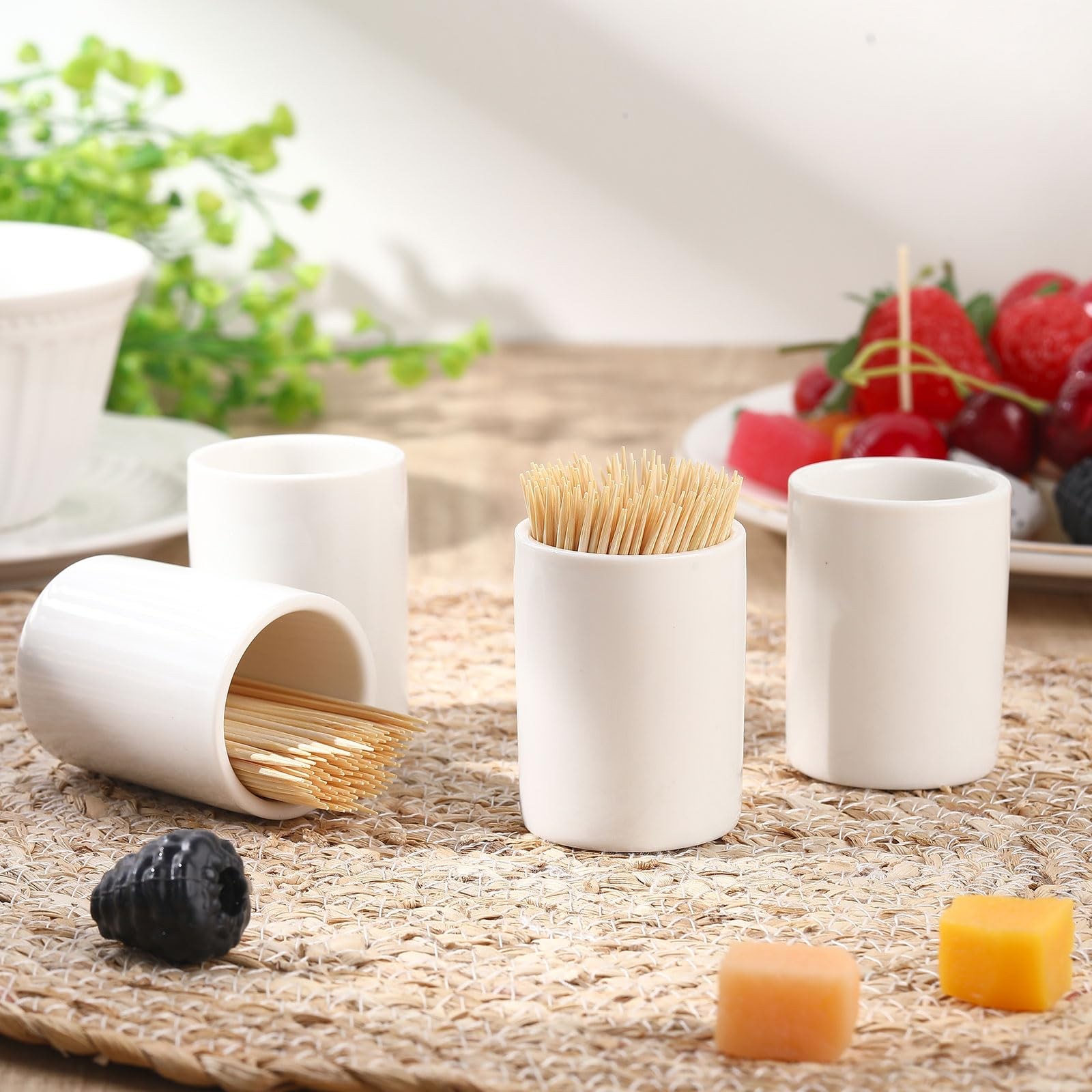 4 Pcs White Ceramic Toothpick Holder Simple Dispenser Container Home Round