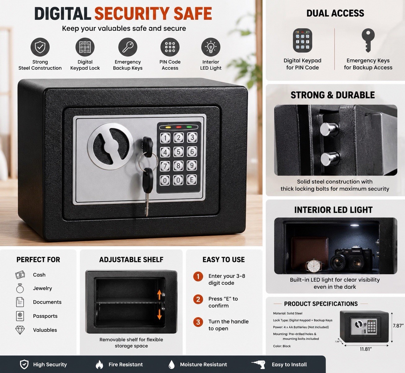 Fireproof Digital Home Safe Box Electronic Keypad Lock Cash Jewelry Safe Box