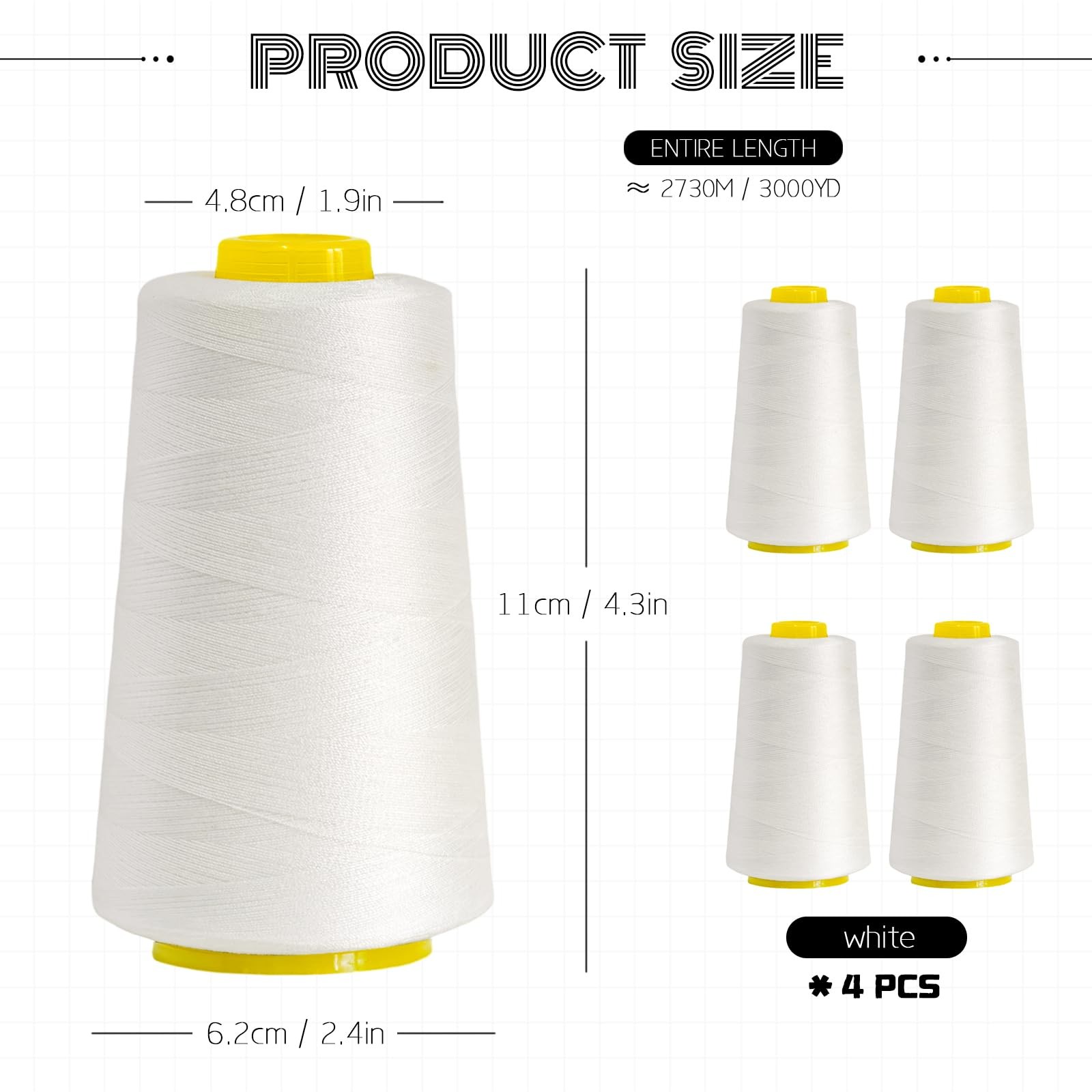 All-Purpose Polyester Sewing Thread - 4-Pack 12000 Yards Total - White Thread...