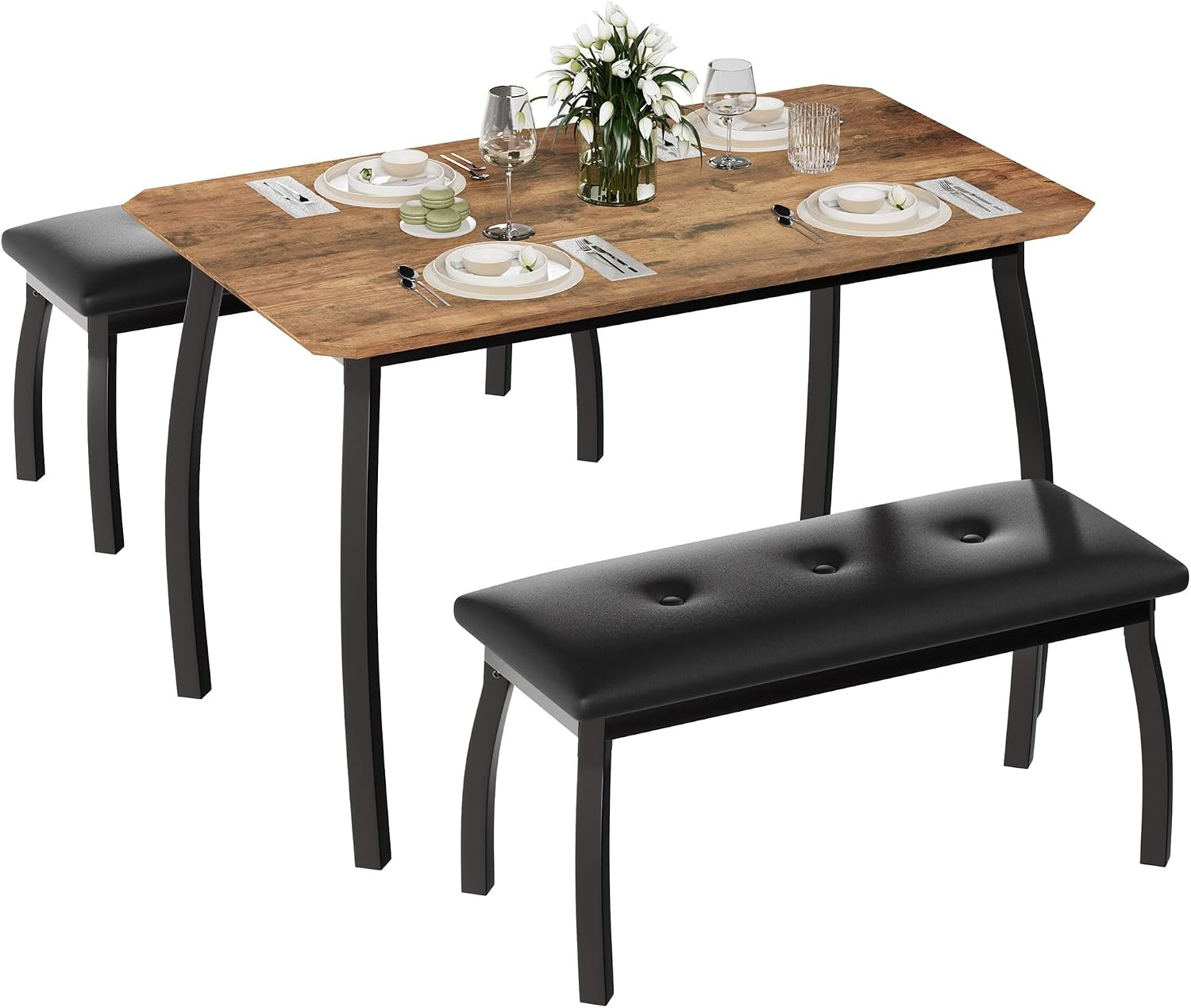 Dining Table for 4, 3-Piece Kitchen Table Set with Wooden Tabletop and Metal Fra