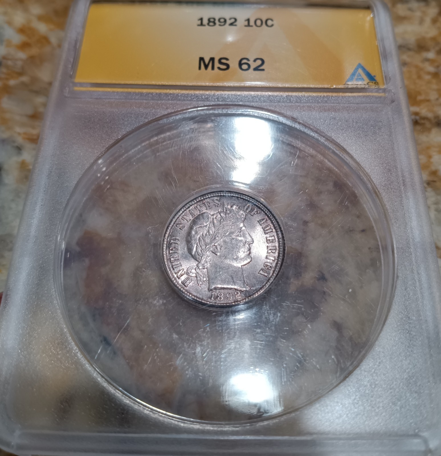 1892 Liberty Barber Dime, ANACS MS-62