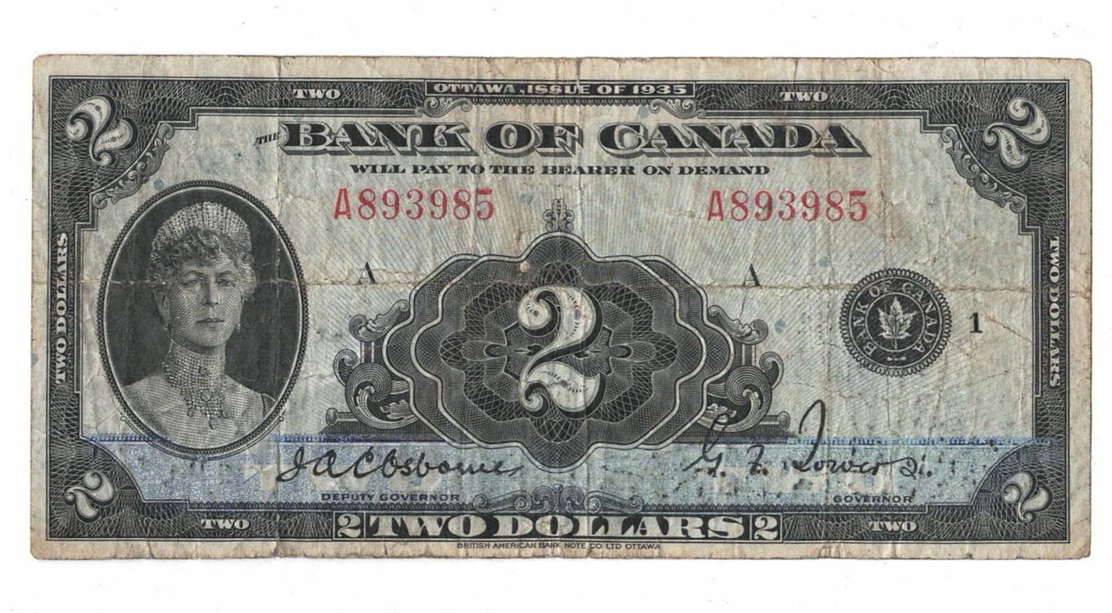 1935 Bank Of Canada 2$ English A893985 - Fine - Discoloration