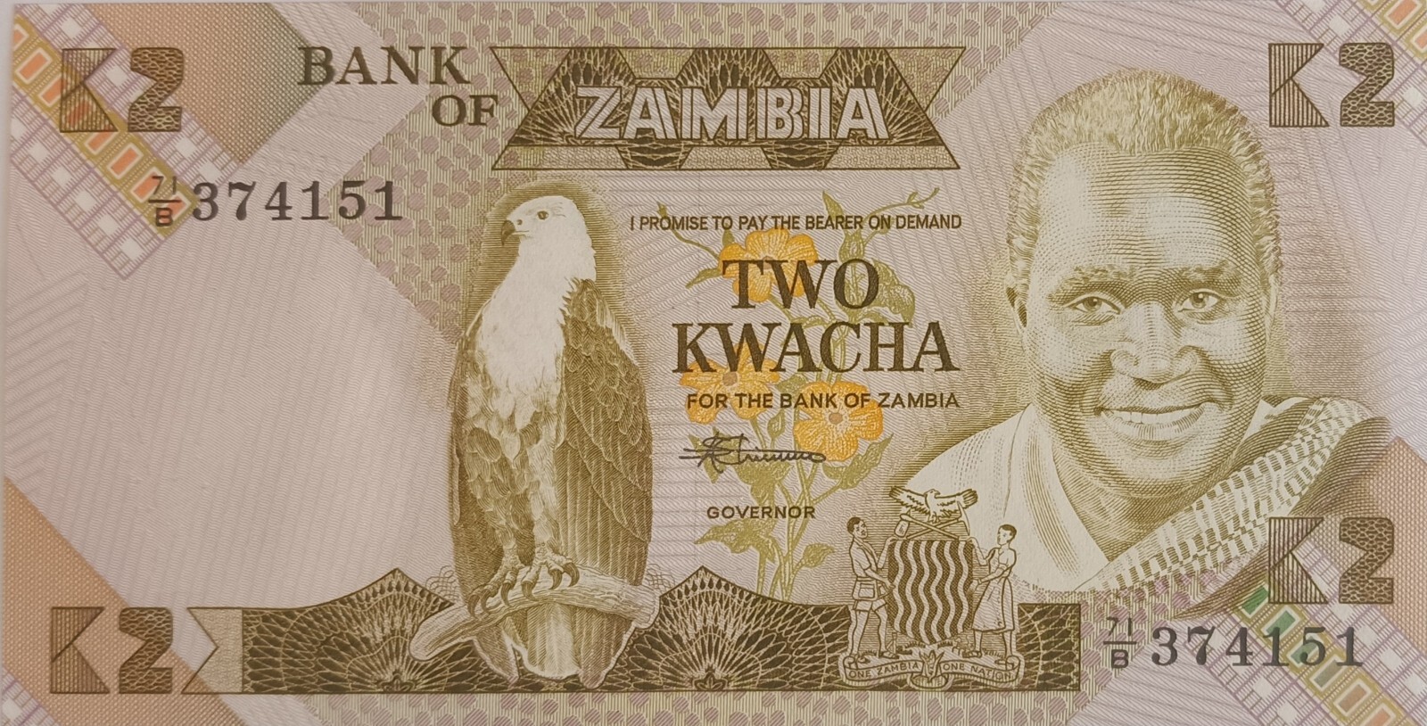 Zambia: P#24 1 x 2 Kwacha 1988 Uncirculated Banknote