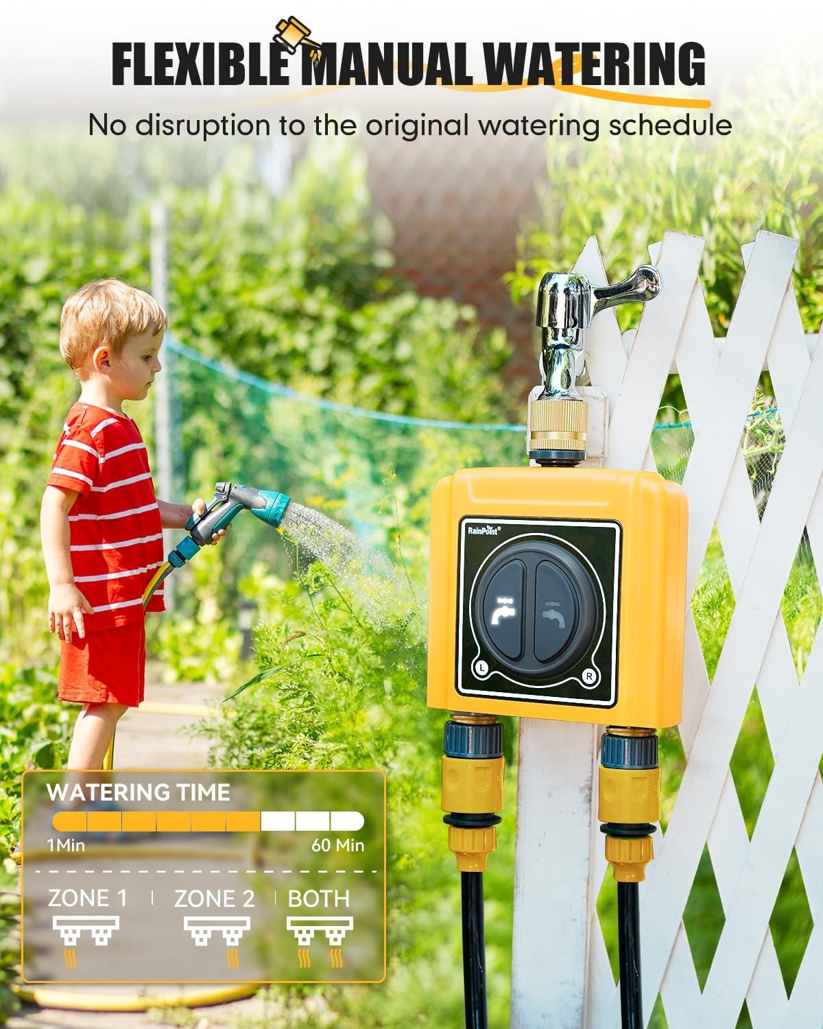 RAINPOINT 2-ZONE WIFI WATER TIMER WITH BRASS INLET & OUTLET, WIFI HUB SOCKET