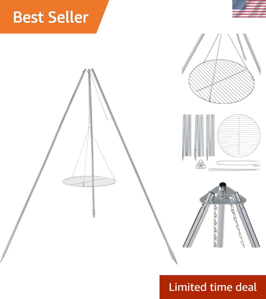 Tripod Campfire Grill & Lantern Hanger, Grill Grate with Adjustable Height fo...