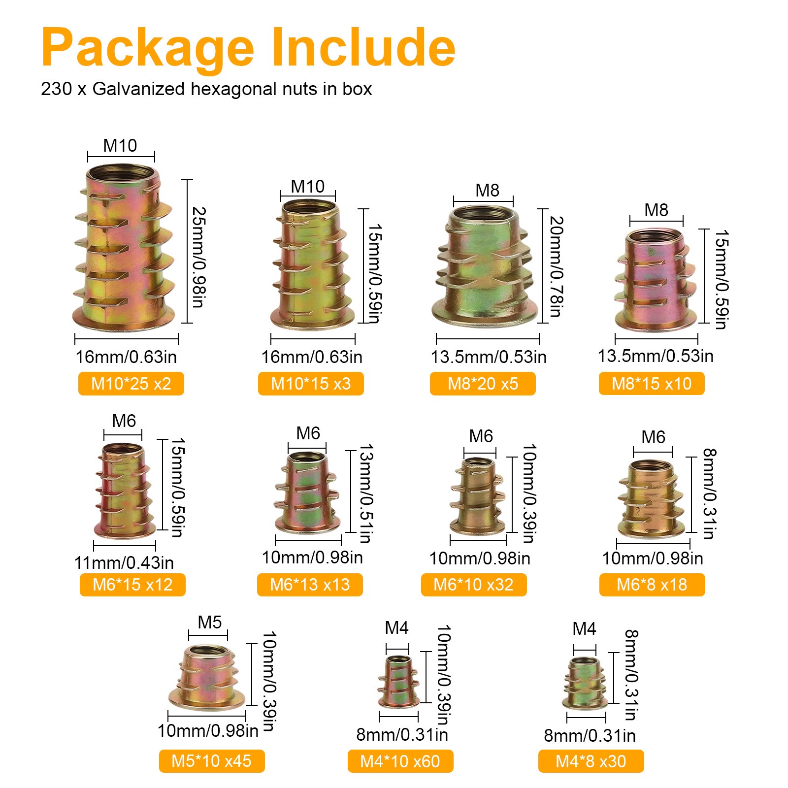 230PCS Threaded Insert Nuts Kit M4 M5 M6 M8 M10 Hex Socket Wood Inserts with Box