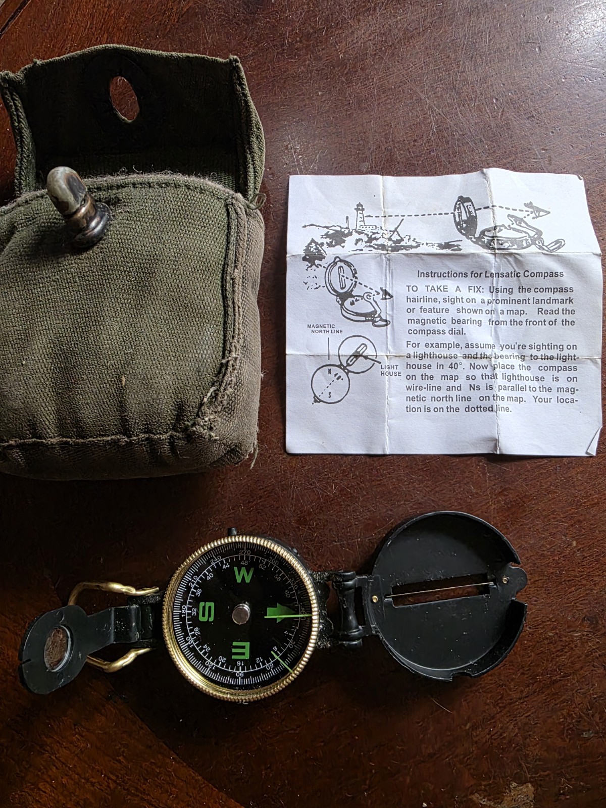 Vintage Engineer Directional Compass With Padded Pouch And Instructions Works