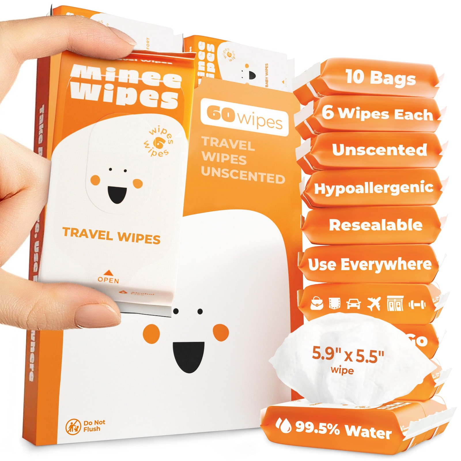 Impossibly Compact Travel Wipes - 99.5% Water - Safe for 6 Count (Pack of 10)