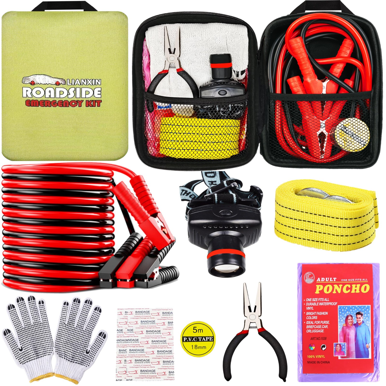 LIANXIN Emergency Roadside Kit for Car with Jumper Cables, Gift Matcha Green