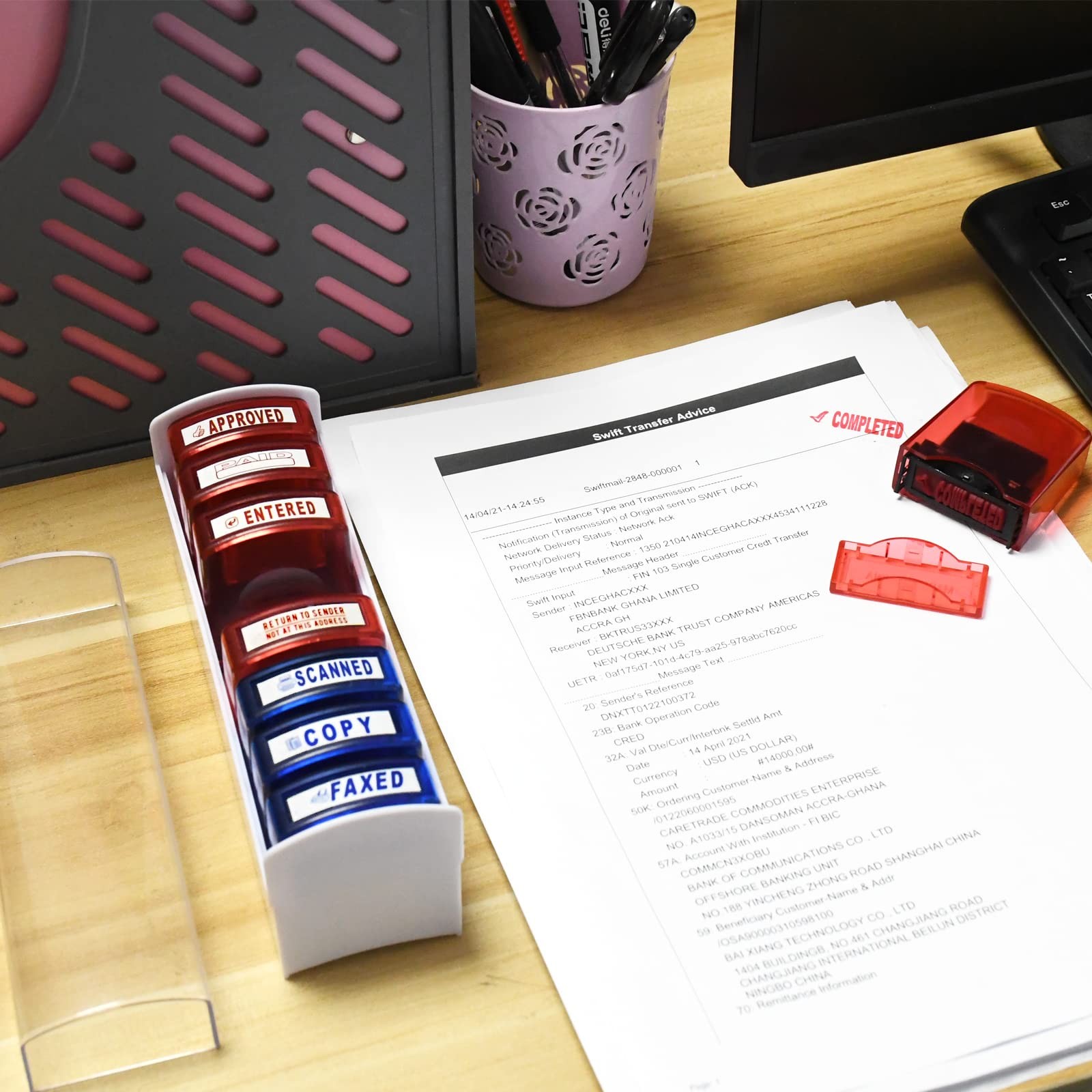 Self Inking Office Stamp Set for Approved Paid Completed Copy Faxed