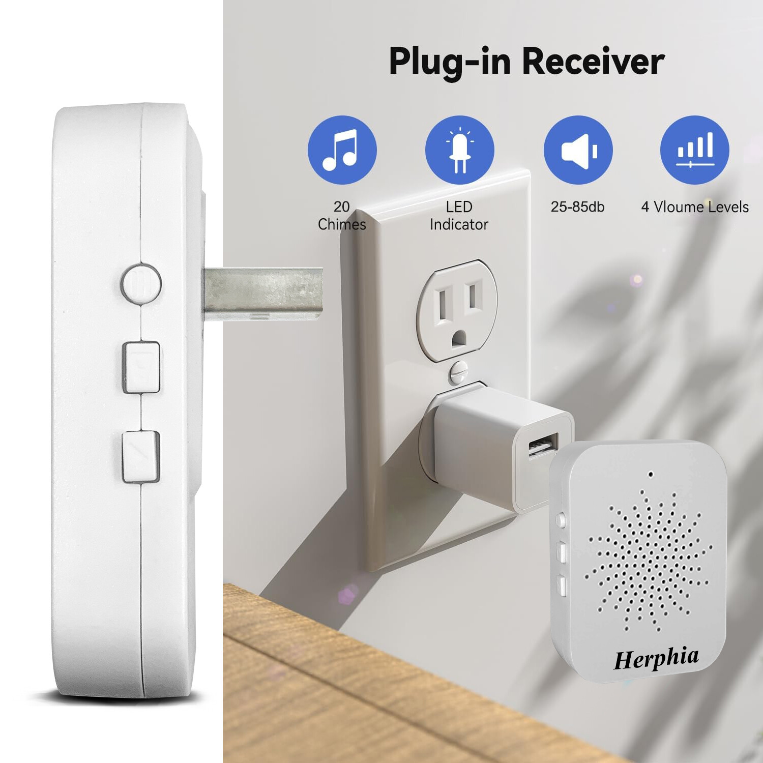 Wireless Doorbell USB Plug in &Play Waterproof Door Bell Kit LED Flash 20 Chimes