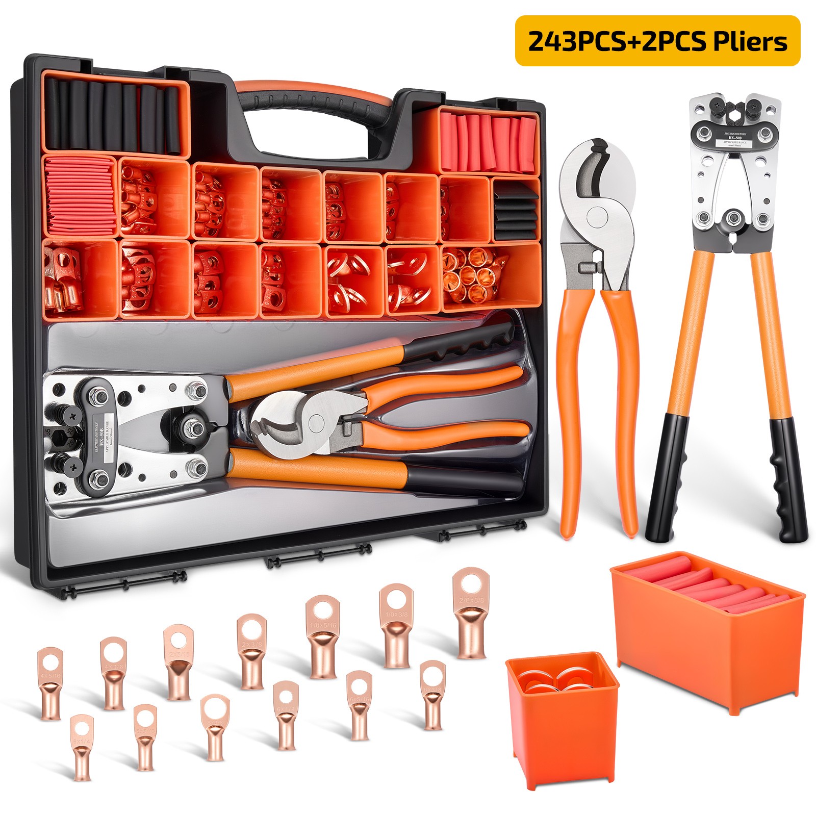 Professional 245PCS Battery Cable Lug Crimping Tool Kit with Dual Pliers Set