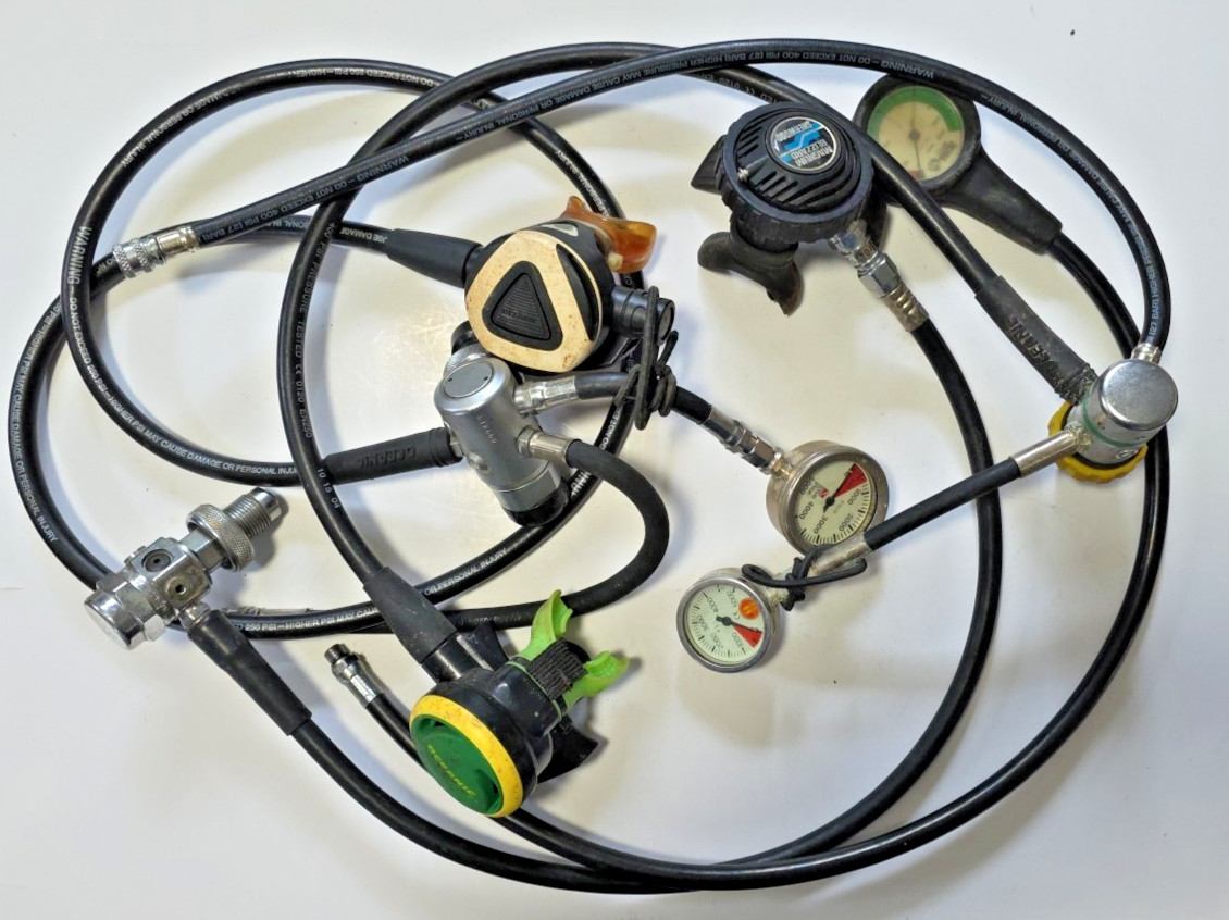 Lot scuba gear regulators, gauges, hoses and parts - Oceanic, Sherwood, Nitrox