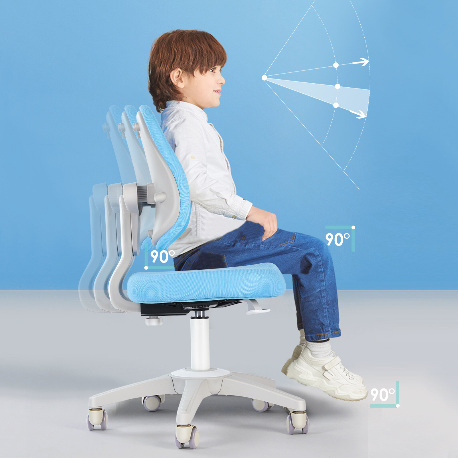 Blue Kids Study Chair Adjustable Height & Seat Depth Auto Brake Caster Boy Chair