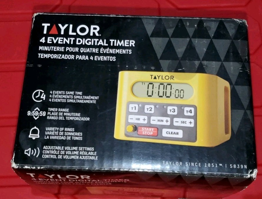 Taylor 4 Event Digital Timer Large Display Adjustable Volume Model 5839N Yellow