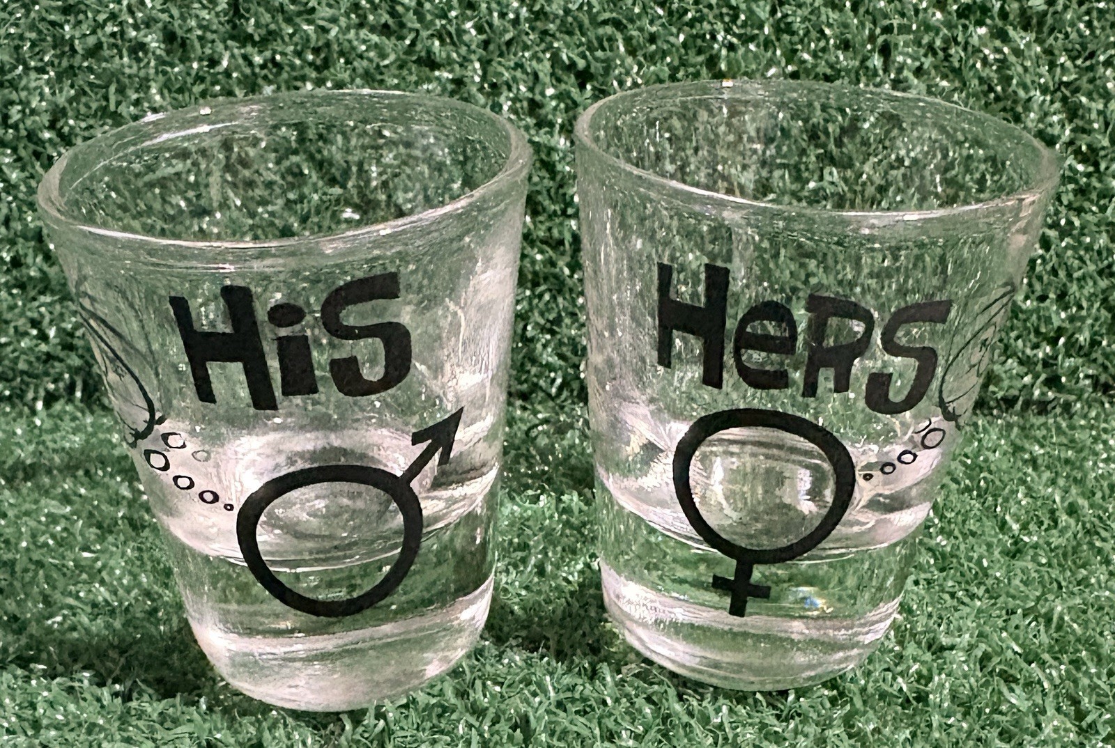 Set of 2 Collectable Novelty HIS & HERS Shot Glasses With Gender Symbols
