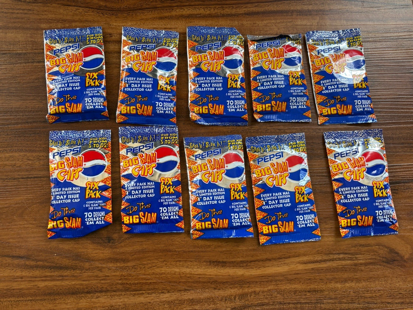 Pepsi Big Slam Caps Pogs VTG sealed pack pog caps Lot Of 10 Sealed Packs 1995