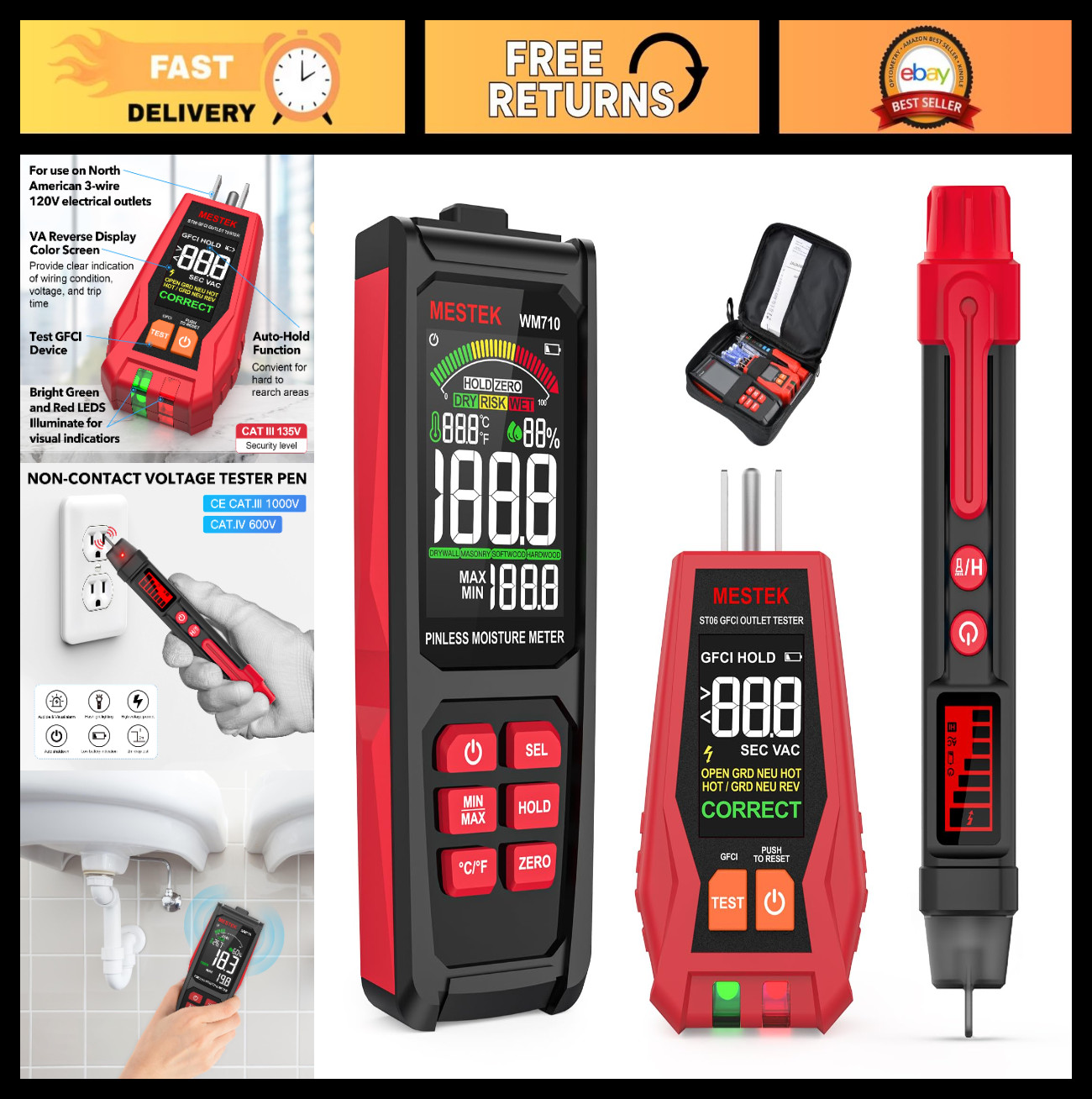 Home Inspector Tool Kit - GFCI Outlet Tester, Moisture Meter, Voltage Tester Pen