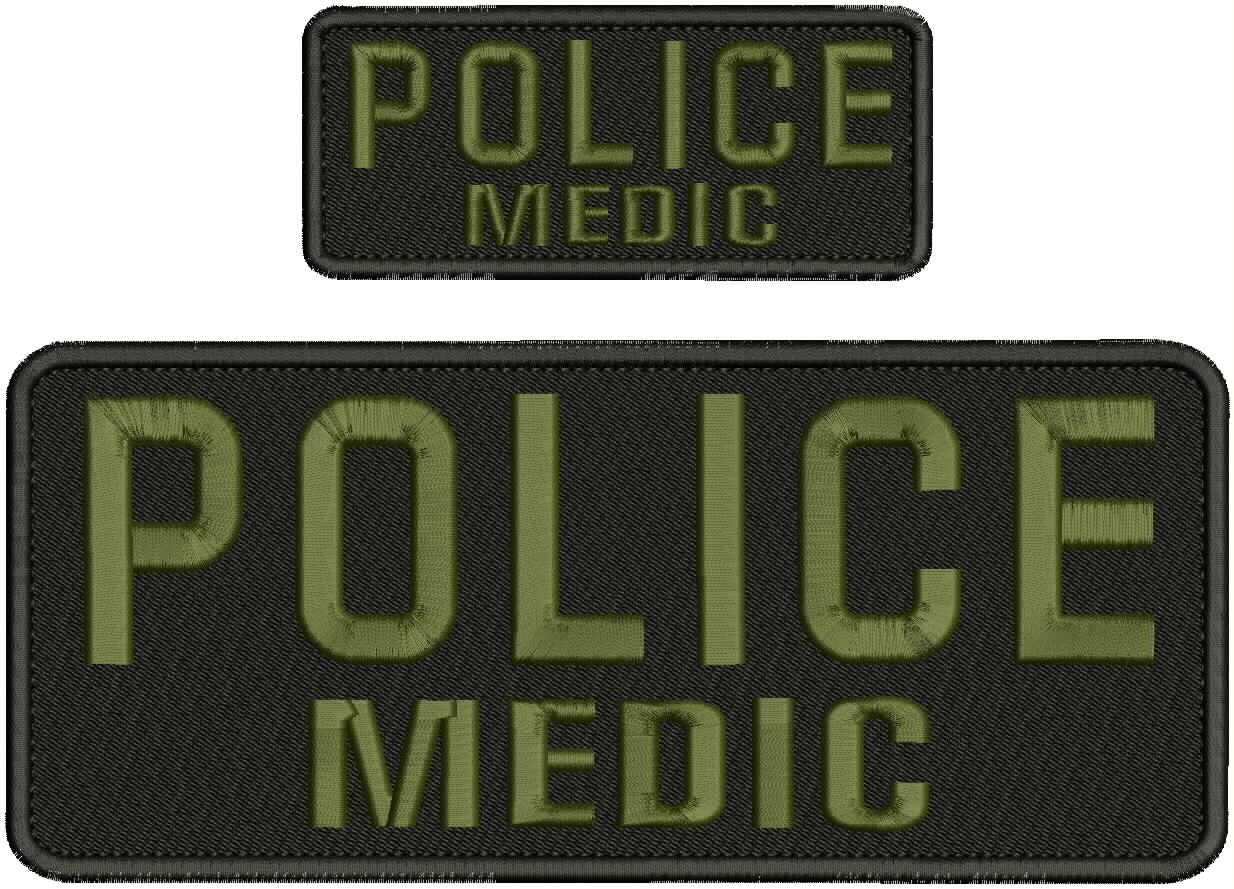 Collectible Embroidery Patch Police Medic 4X10 AND 2X5 Od Green On Black