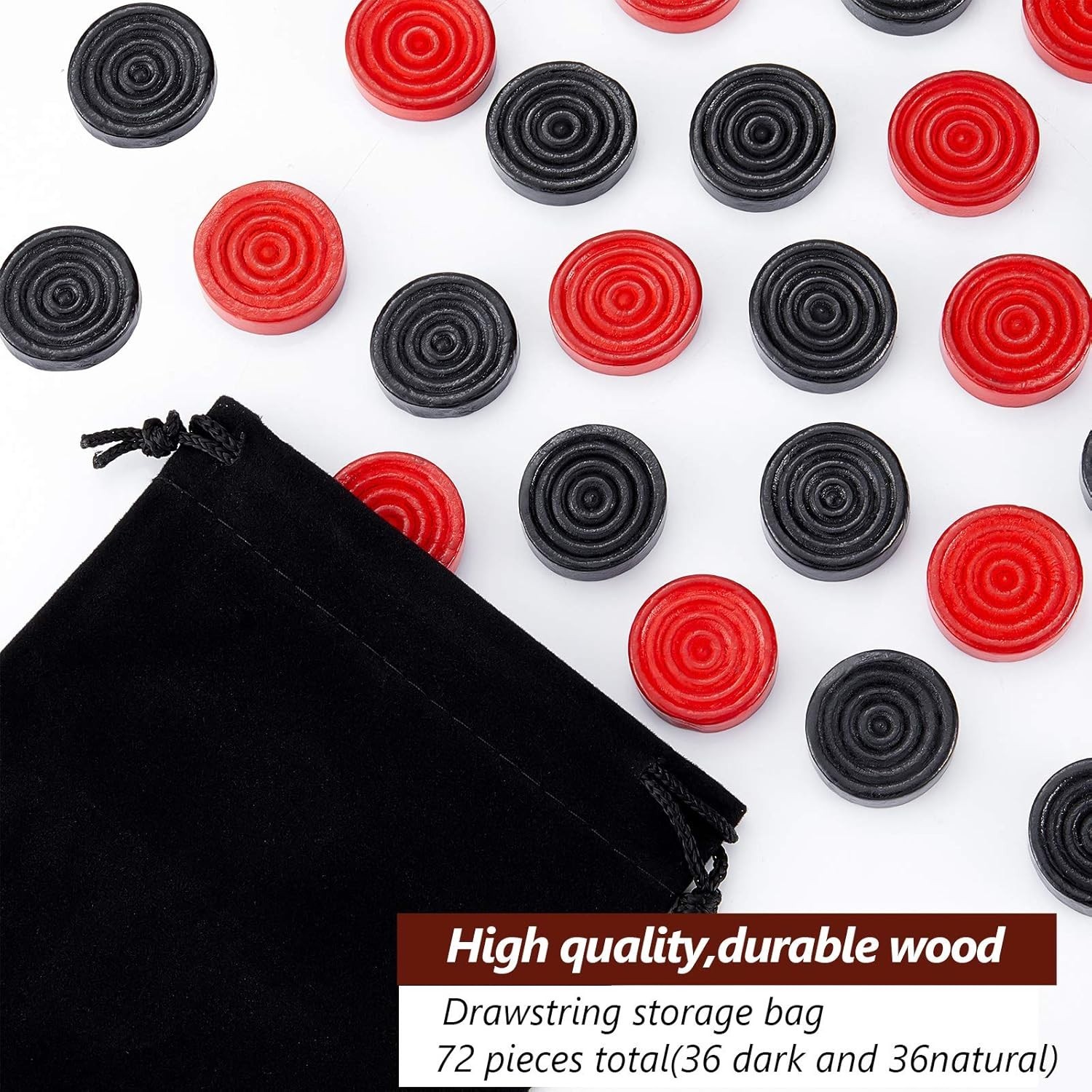 72 Pcs Wooden Checkers Pieces with Stackable Ridge in Drawstring Storage Pouch