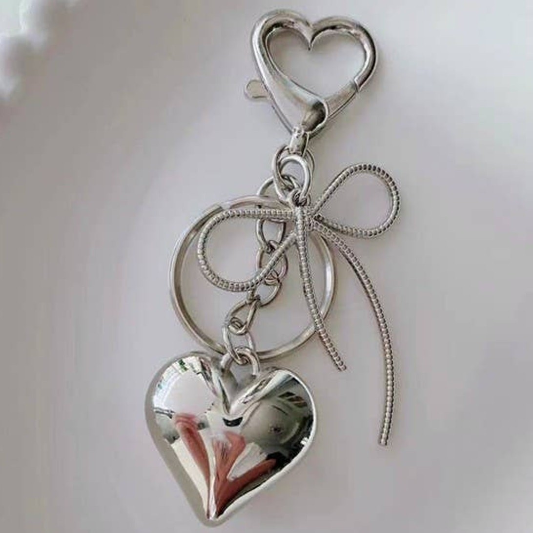 Silver Heart Bow Bag Charm Keychain Key Ring