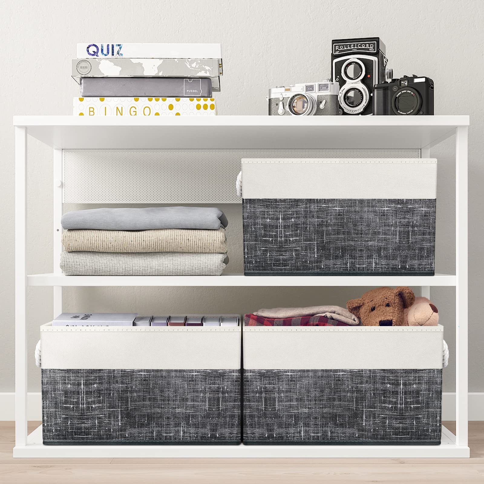 Large Foldable Storage Baskets Rope Handles Closet Boxes White Black 2 Pack