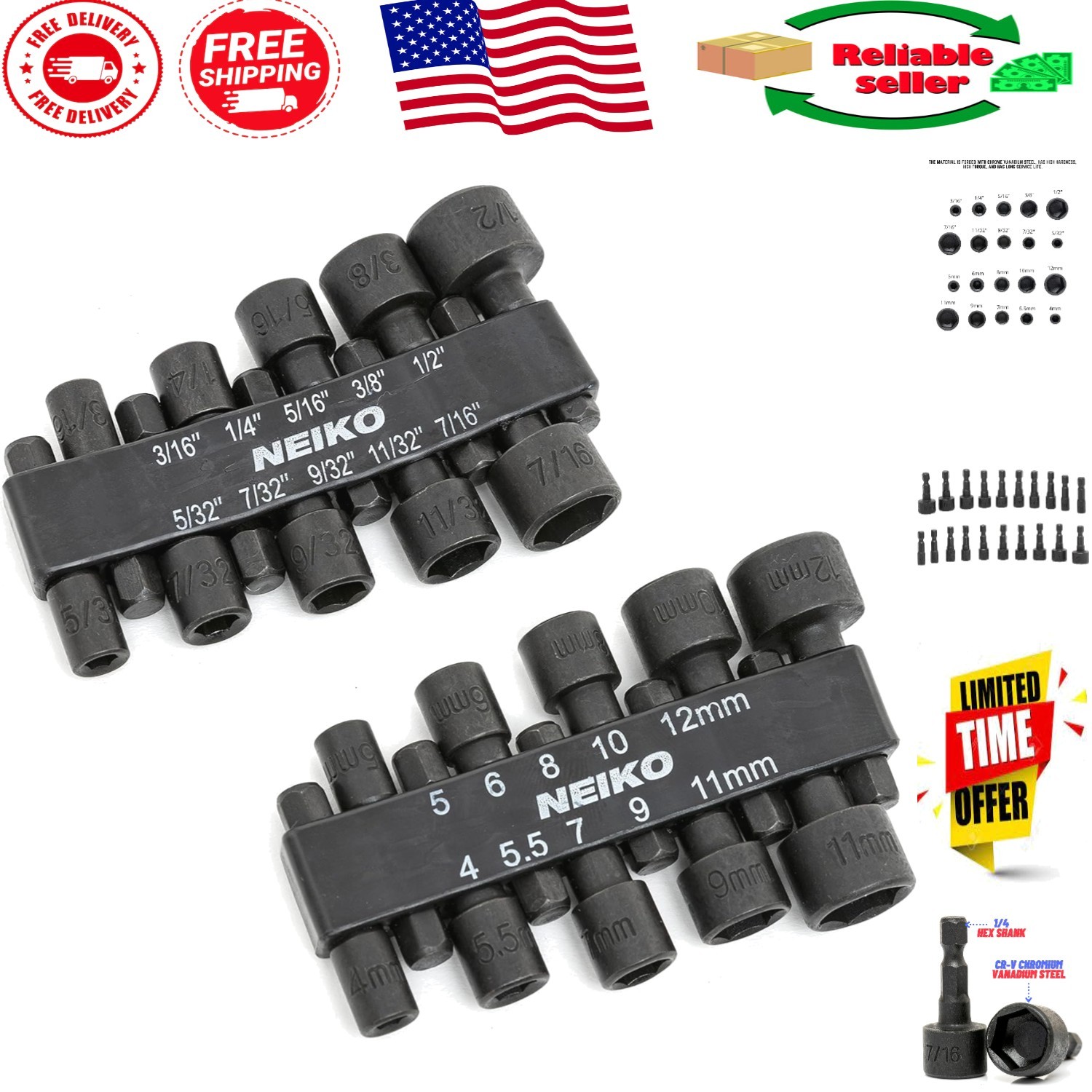 Complete 20-Piece Nut Driver Bit Set: Metric & SAE, for Power Drills & Drivers