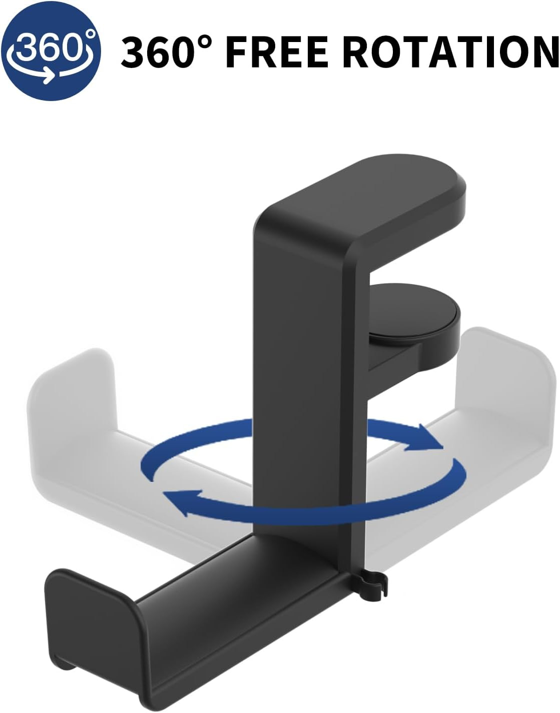 Under Desk Headphone Holder with 360-Degree Rotation, Black