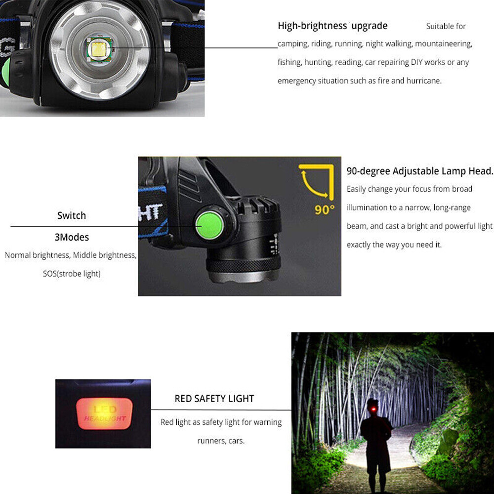 990000LM LED Headlamp Rechargeable Headlight Zoomable Head Torch Lamp Flashlight