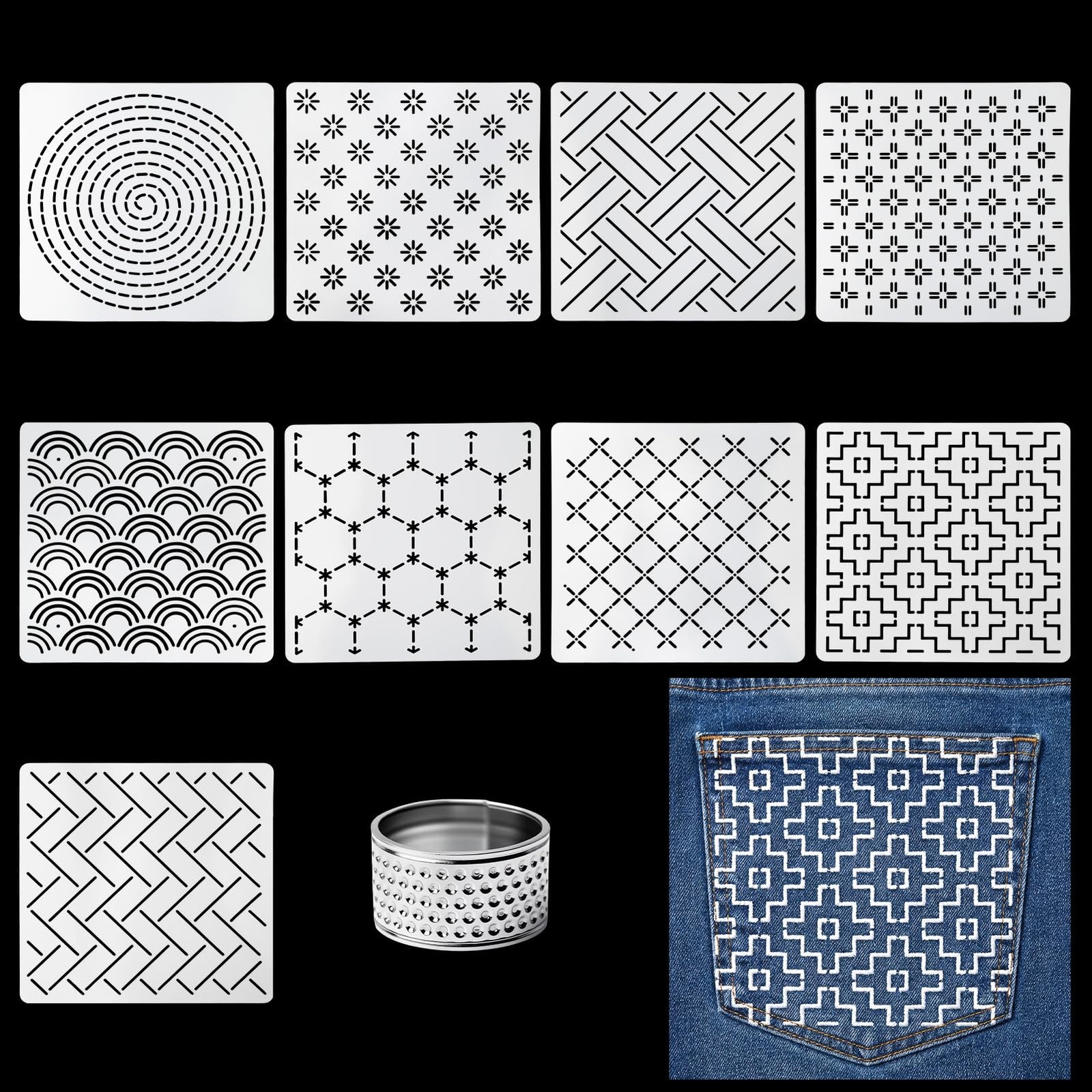 10 Pcs 5.1 Inch Plastic Sashiko Stencil Kit - Geometric Sashiko Pattern Templ...