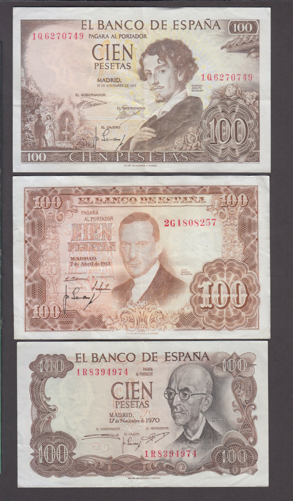 Spain 3 different 100 Pesetas notes 1953-1970, Nice CRC,  We Combine