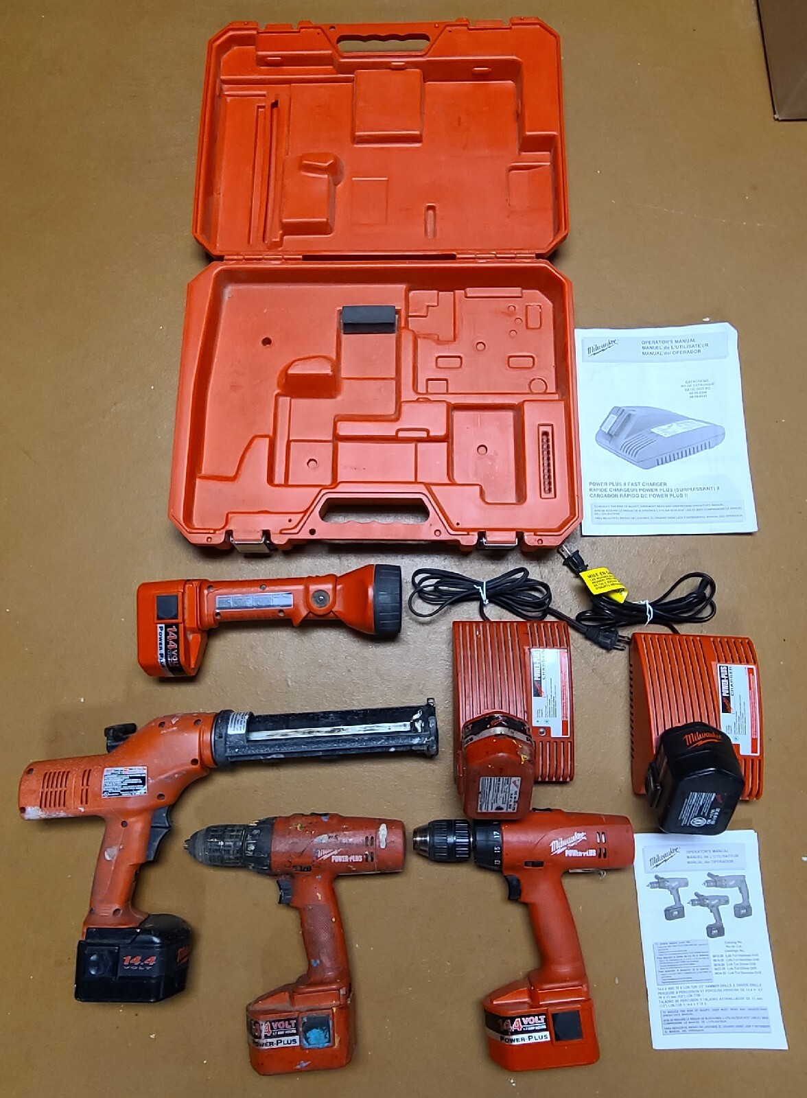 Milwaukee 14.4V Tool Combo Kit Drills Caulk Gun Flashlight Case Used