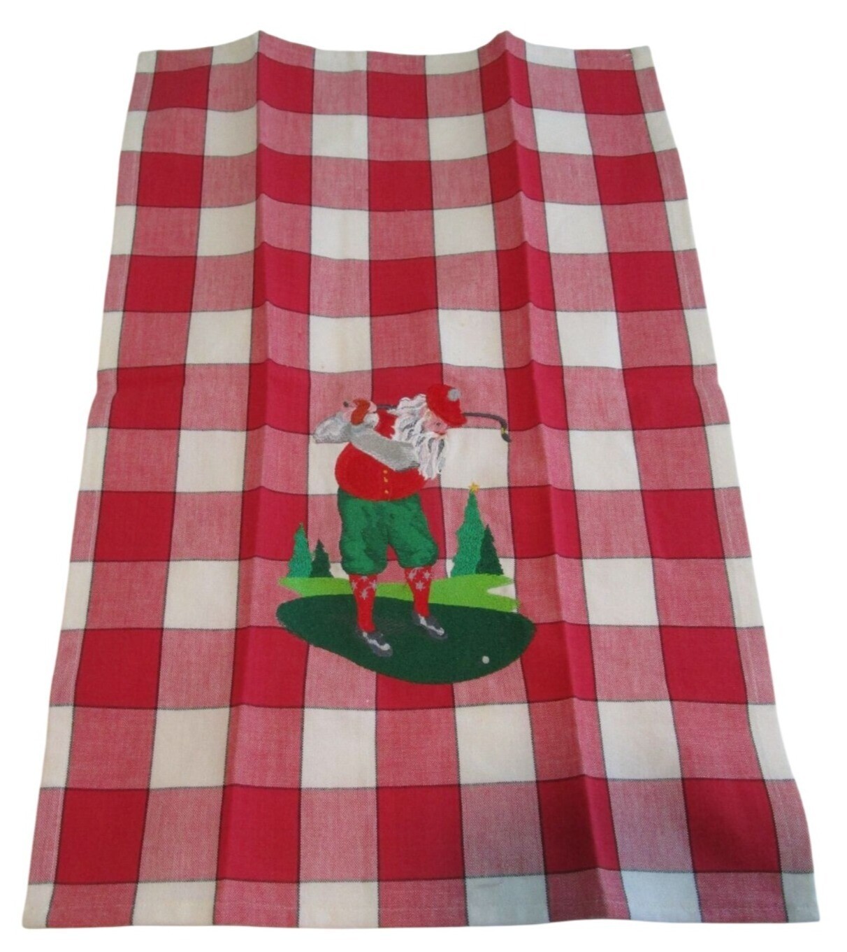 Embroidered Golfing Santa Red White Checkered Kitchen Towel GUC Minor Flaws