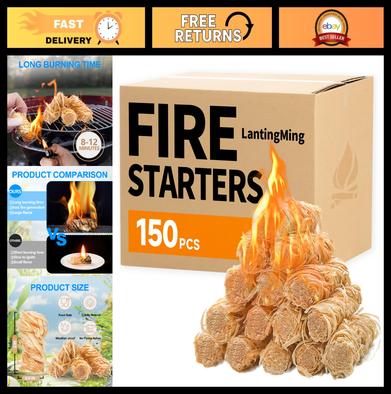 150 PCS Waterproof Fire Starters - Natural Charcoal Starter for BBQ, Campfires,