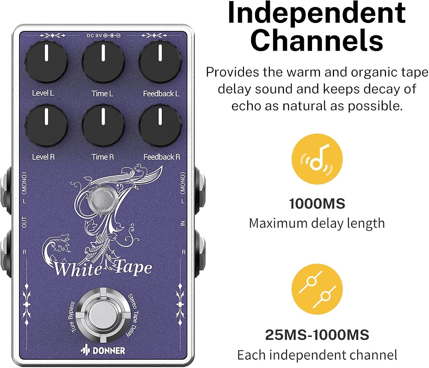 Donner White Tape Analog Delay Guitar Effects Pedal With Echo Effect 2 Channels