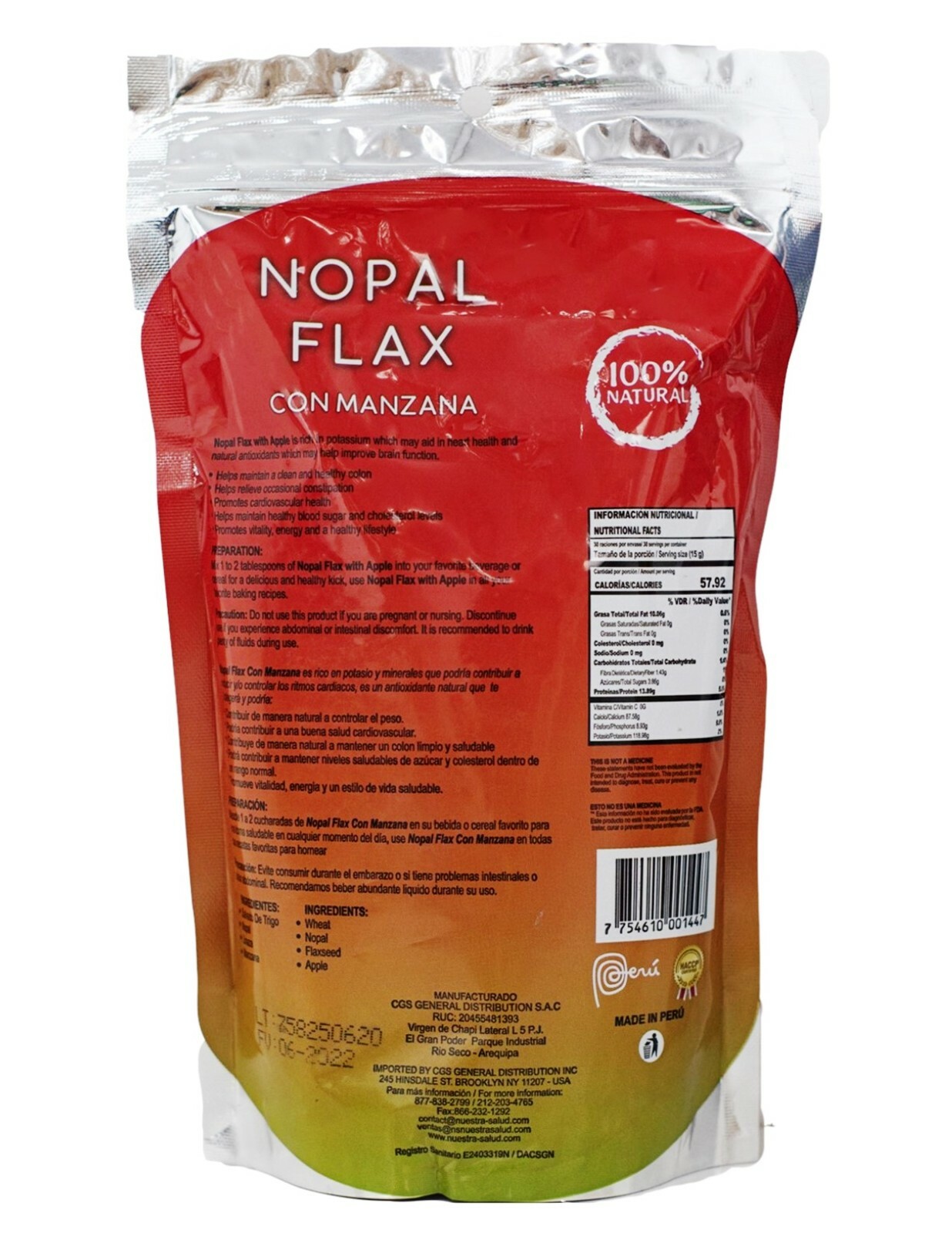 Nopal Flax - with Apple Linaza Plus (1 LB) Colon Cleansing & Constipation