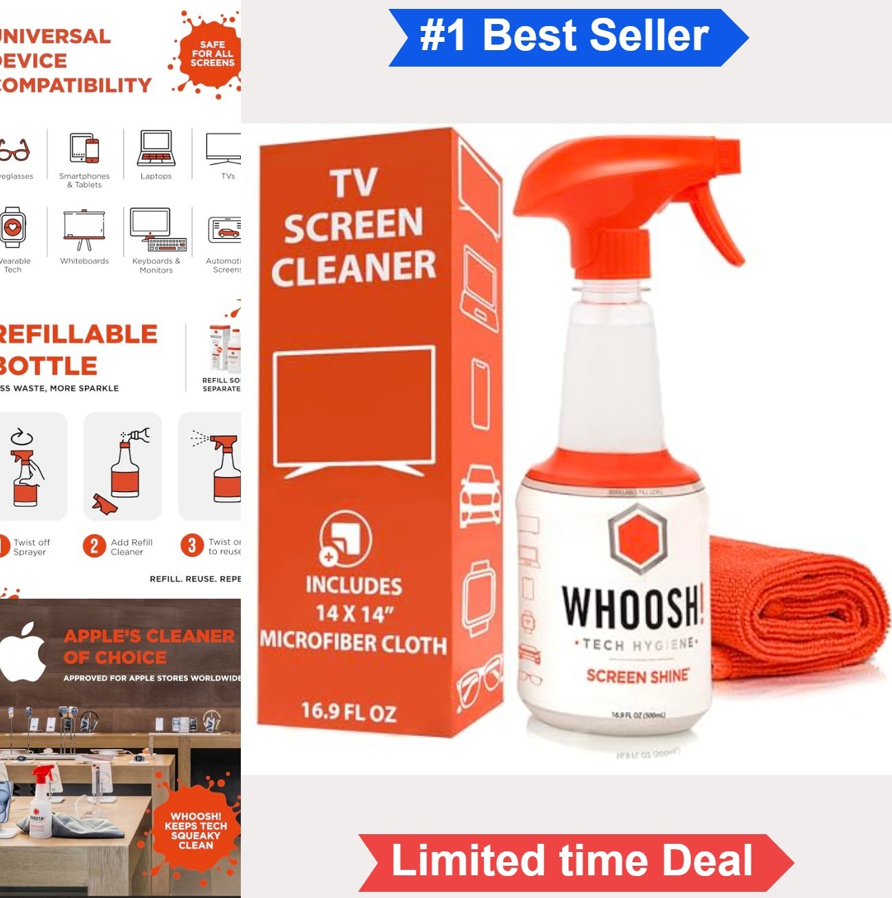 Screen Cleaner Spray 16.9 oz Refillable Microfiber Cloth Streak Free TV LCD