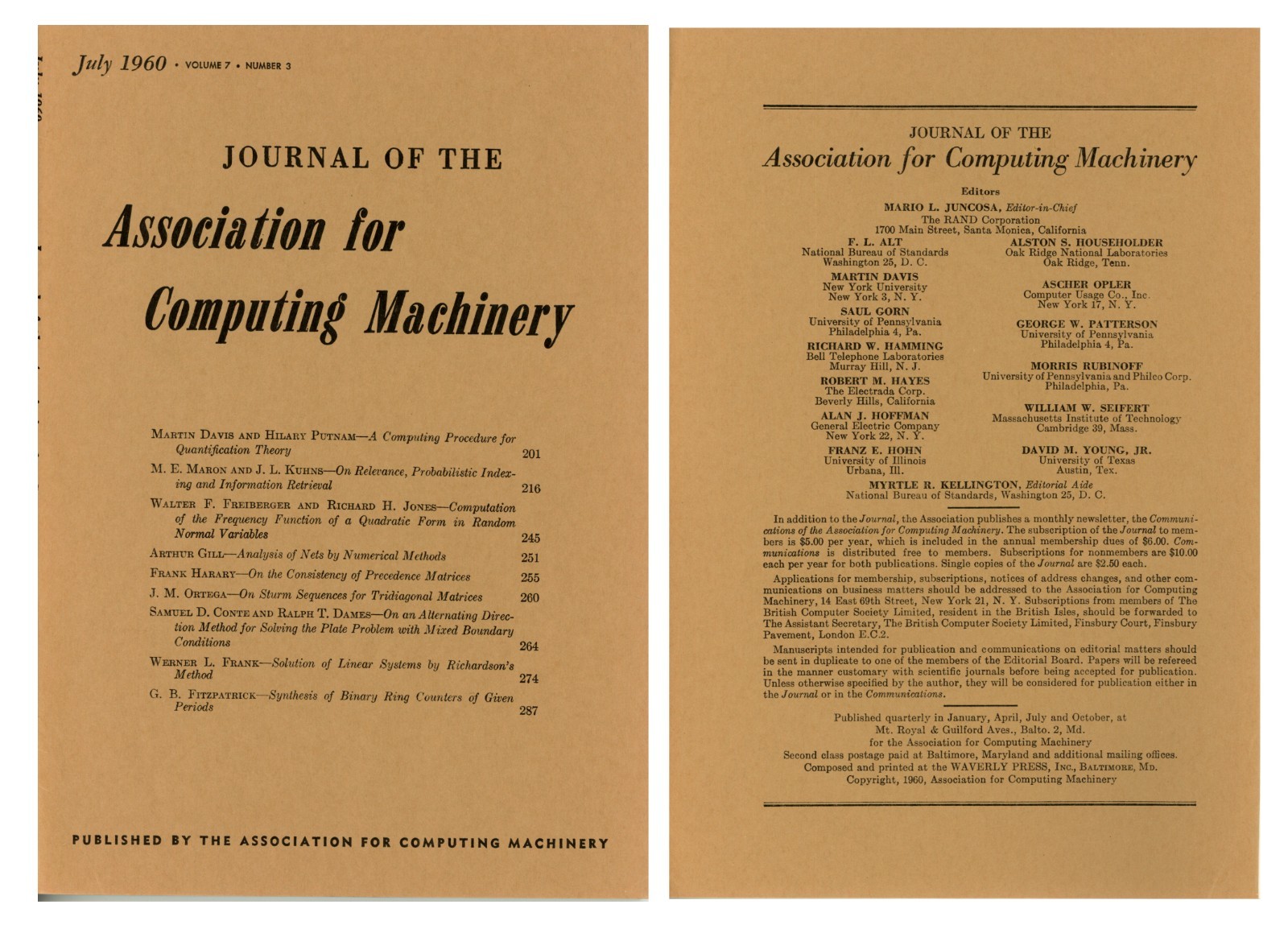 Vintage July 1960 Journal of the Association of Computing Machinery (ACM)
