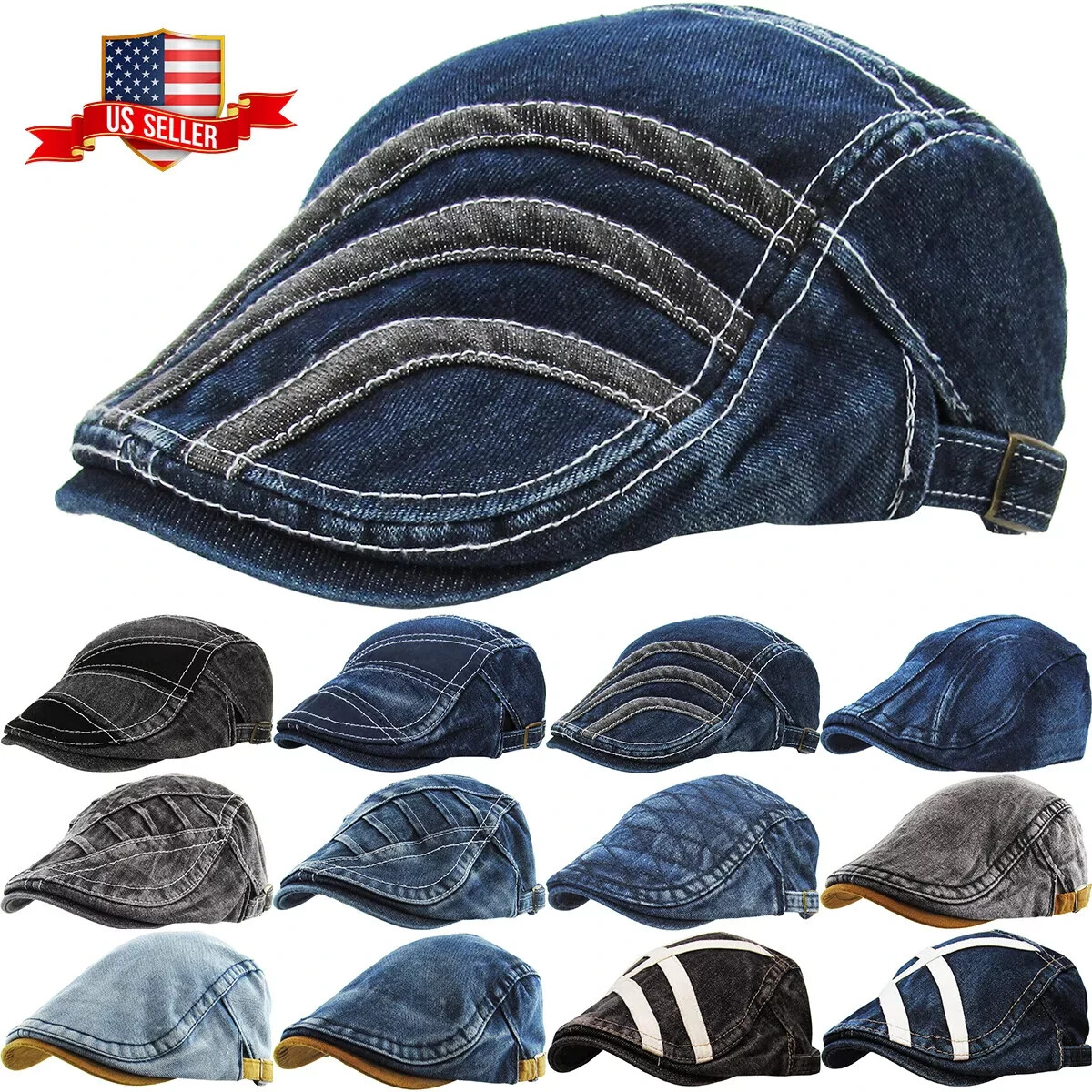 Denim Classic Newsboy Ivy Gatsby Cap Mens Denim Hat Golf Driving Summer Cabbie