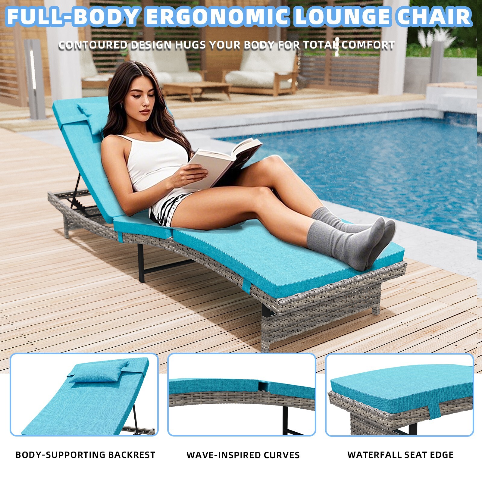 Long Reclining Chair Lounge Set of 3, Adjustable Backrest & Side Table, Blue