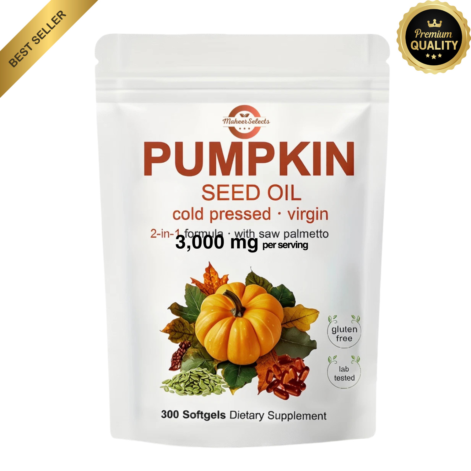 Pumpkin Seed Oil 3000mg Softgels | Cold Pressed Virgin | Saw Palmetto | 300 Coun