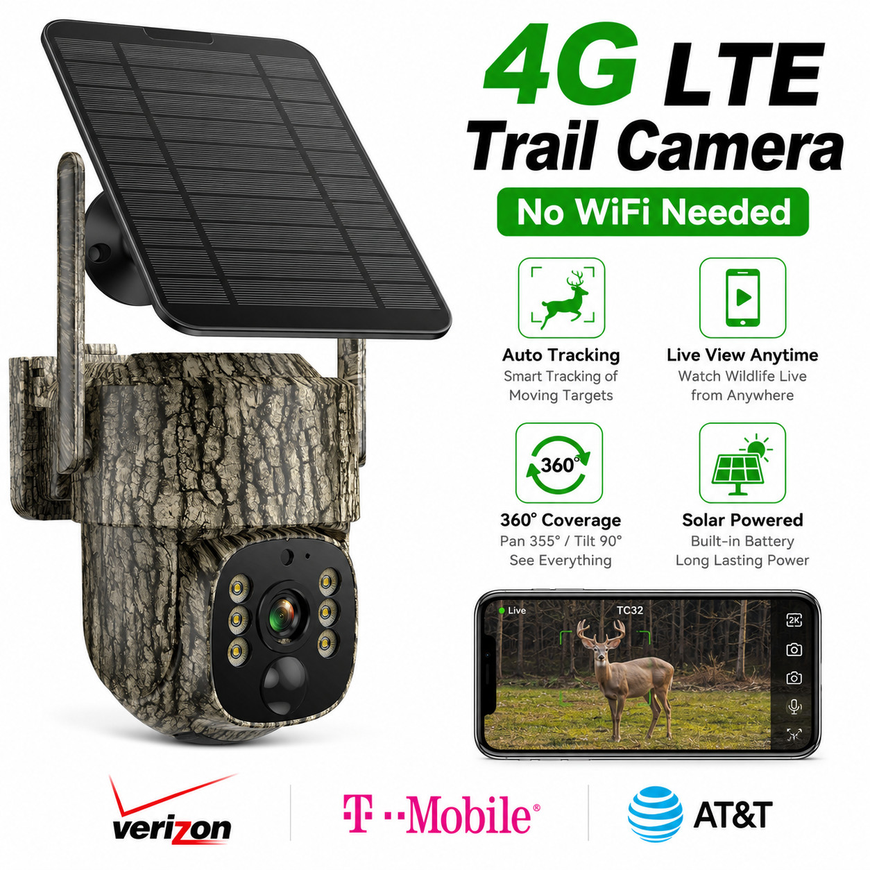 ✅4G LTE Cellular Trail Camera Solar Powered Cam 360° Live View Night Vision SIM